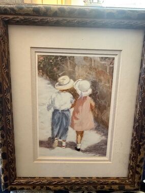 Framed Painting of Two Children in Blue and Pink
